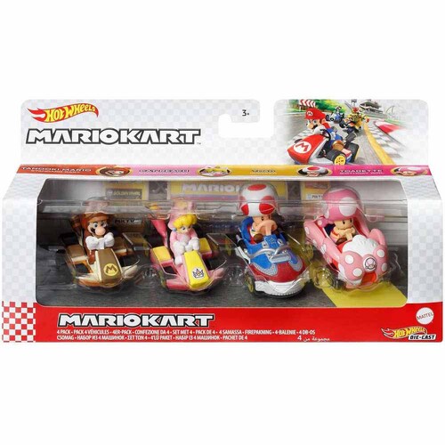 Hot Wheels Mario Kart 4 Pack Tanooki Mario Cat Peach Toad Toadette